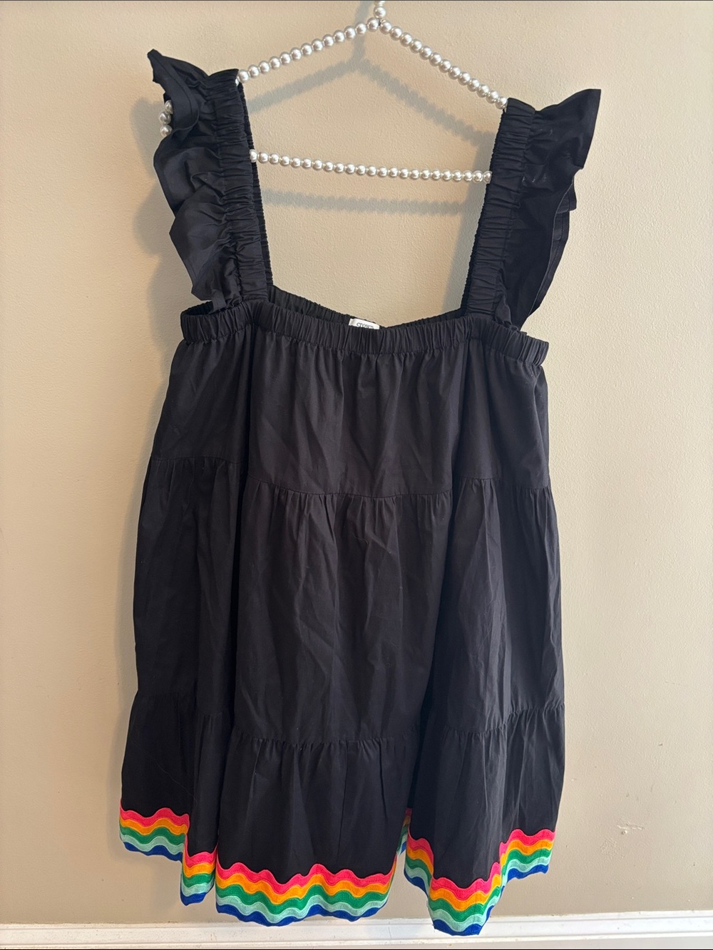 NEW Crown & Ivy Dress L Black Tiered Ruffle Mini Rainbow Ric Rac Wave Hem